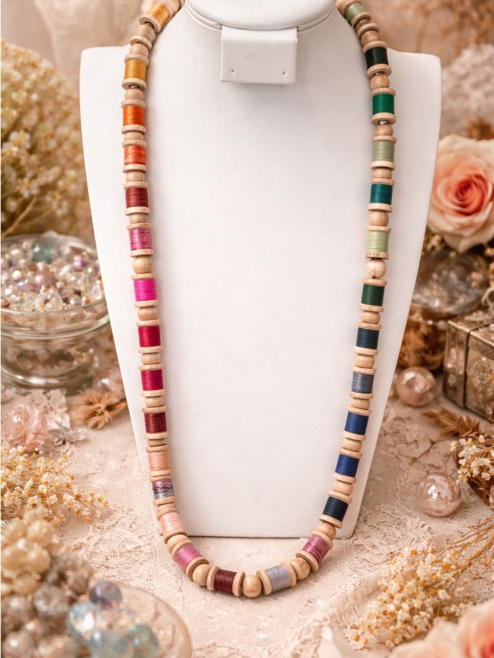 Colorful Wooden Thread Spool Beaded Necklace / Boho Rainbow Artisan Statement - Picture 3 of 6